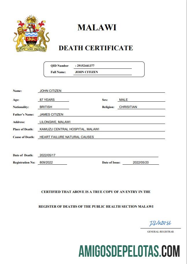 Para baixar modelo Word e PDF de certidão de óbito de registro vital do Malawi